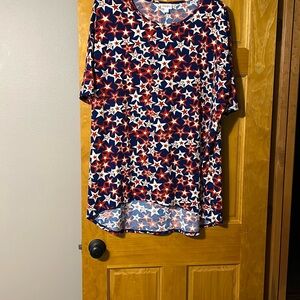 LuLaRoe Blue and White Tunic Top.  It is a High-Low Top